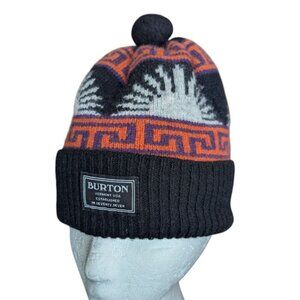 Burton Wool Blend Beanie Hat Ribbed Cuff Knit Pom Apres Ski Sun Print Unisex